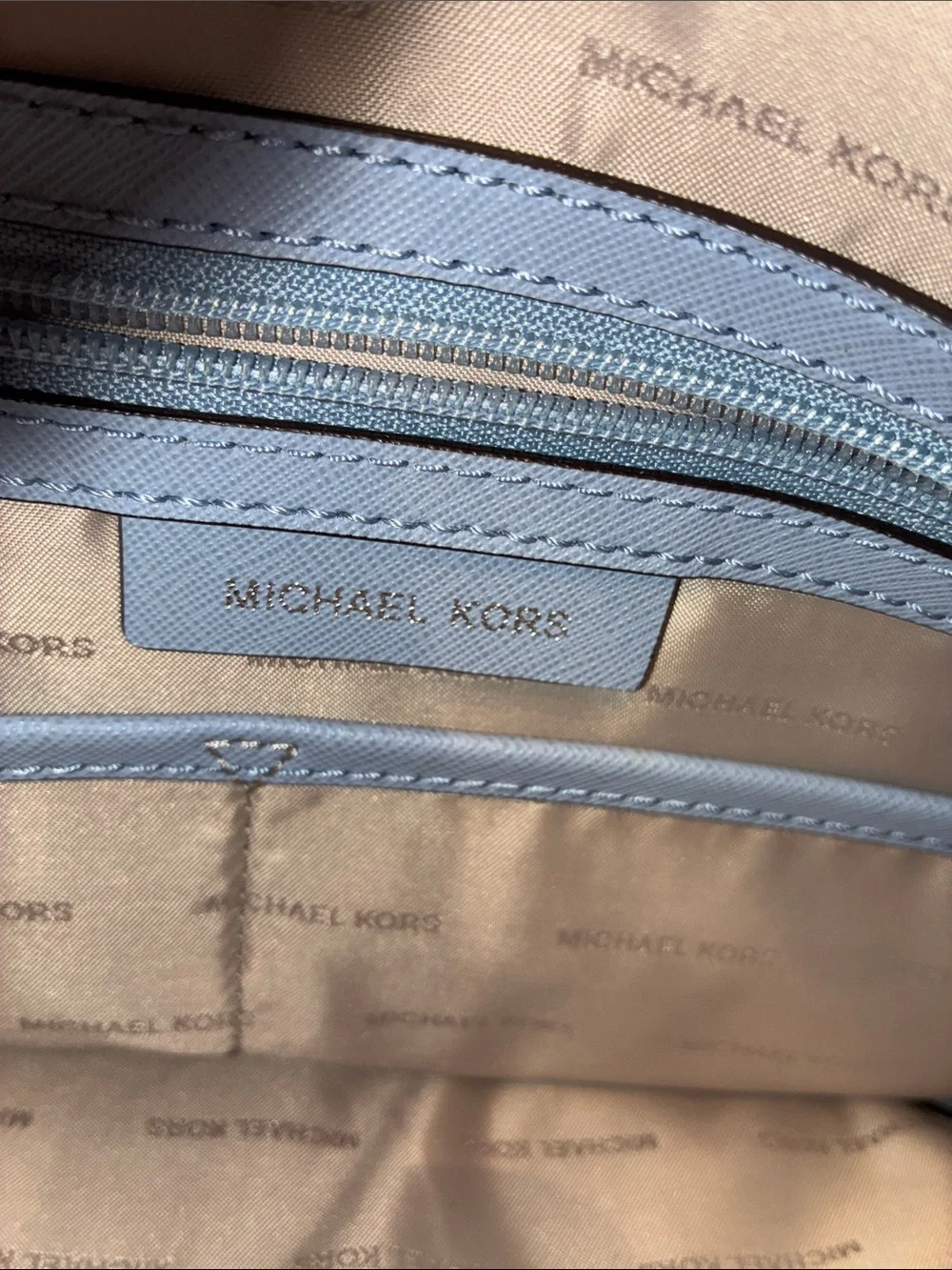 Michael Kors Powder Blue Saffiano Carry All Leather Tote, MK Charm, dust bag euc